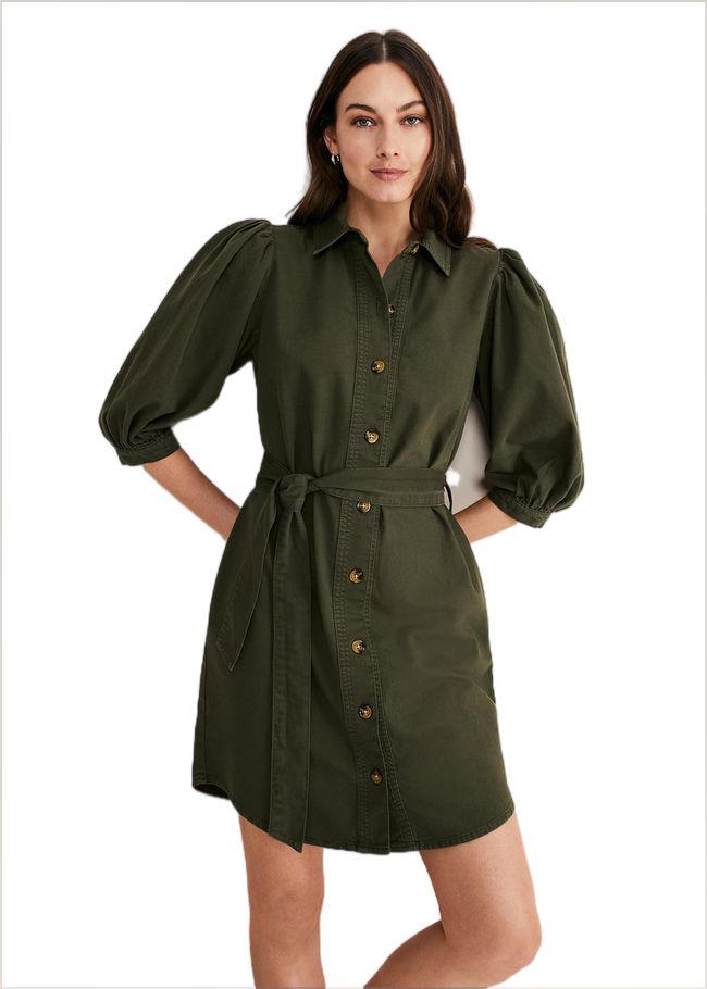  Josephine Denim Puff Sleeve Dress Khaki 221011507