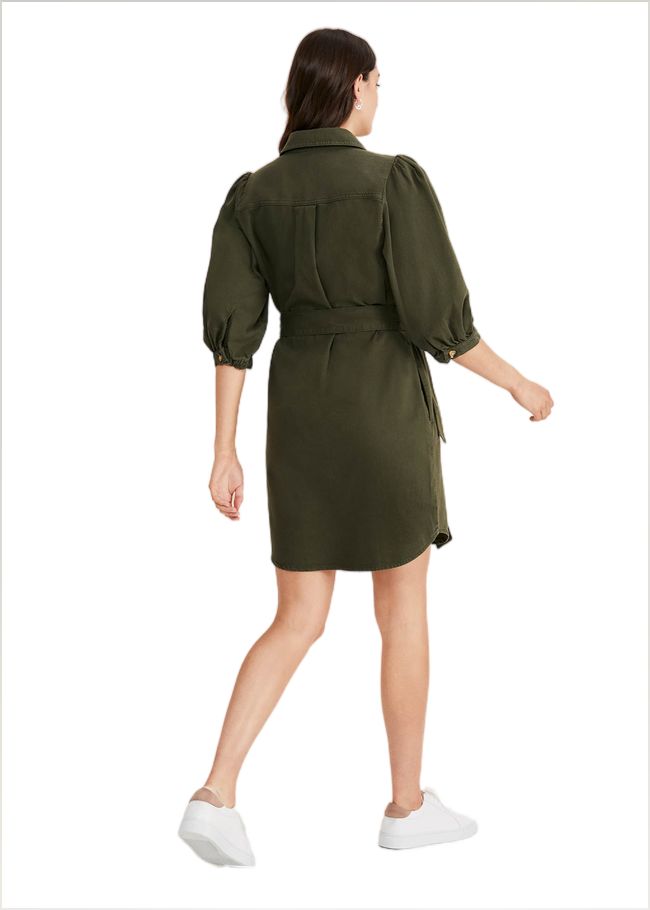  Josephine Denim Puff Sleeve Dress Khaki 221011507