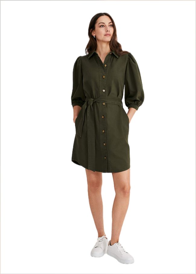  Josephine Denim Puff Sleeve Dress Khaki 221011507