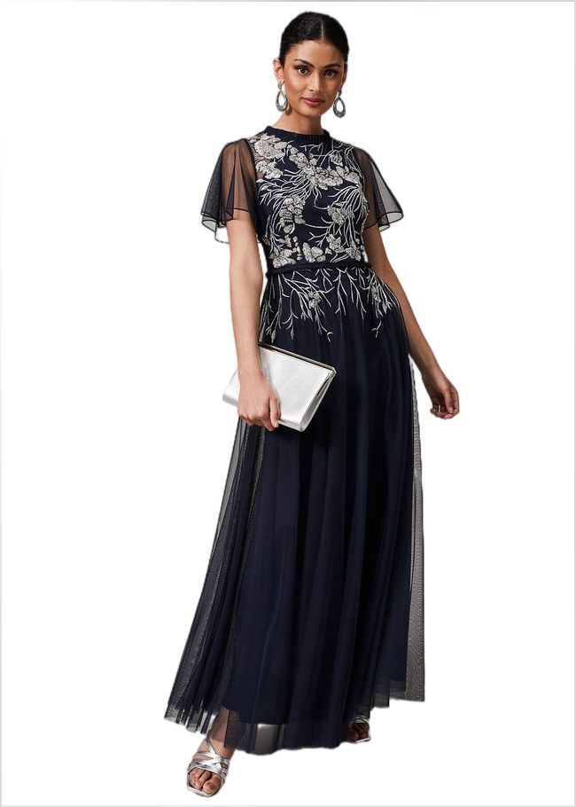  Zena Beaded Tulle Maxi Dress Navy/Silver 221042032