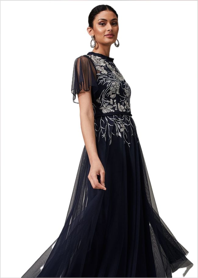  Zena Beaded Tulle Maxi Dress Navy/Silver 221042032