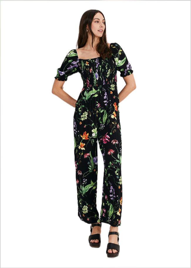  Zaylah Floral Shirred Waist Jumpsuit Black 221057050