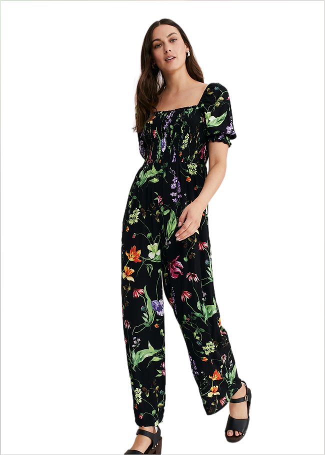  Zaylah Floral Shirred Waist Jumpsuit Black 221057050