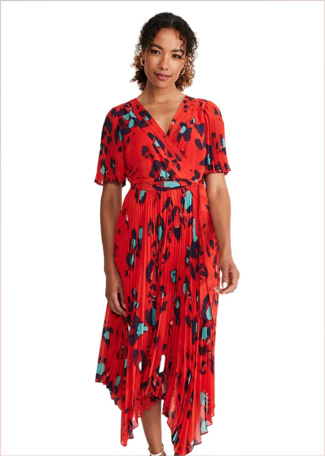  Kendall Butterfly Print Pleated Midi Dress Vermillion/multi 221058172