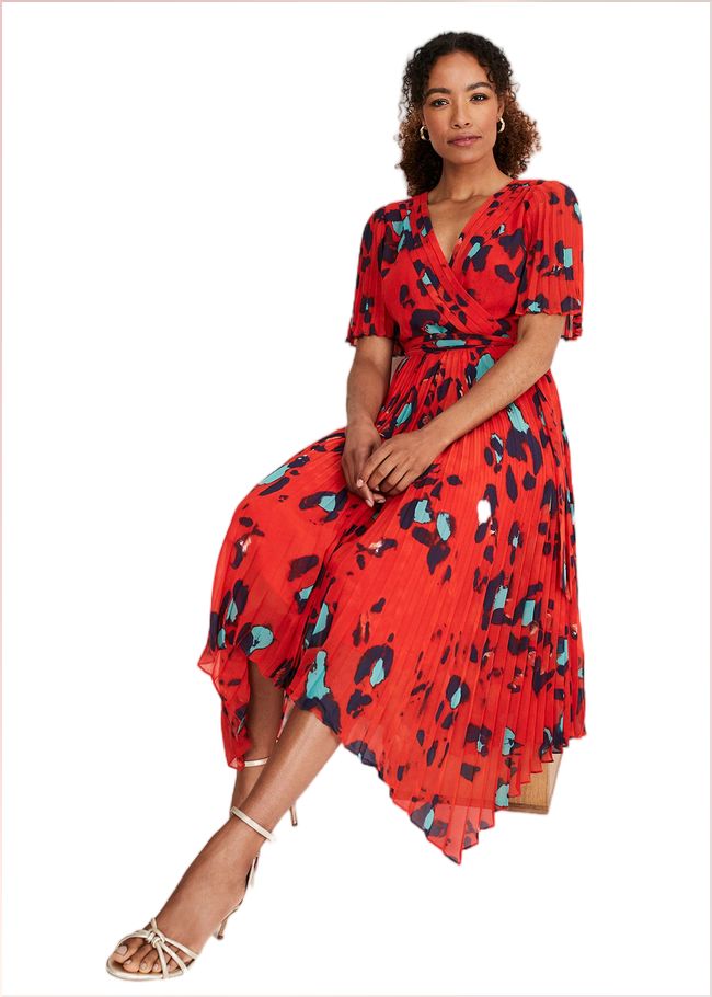  Kendall Butterfly Print Pleated Midi Dress Vermillion/multi 221058172