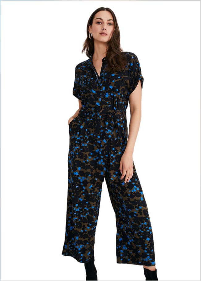  Nell Floral Wide Leg Jumpsuit Khaki/Blue 221090007