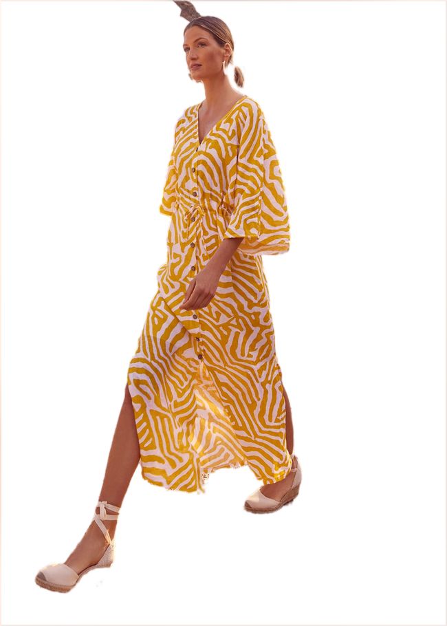  Dena Linen Zebra Print Maxi Dress Yellow/White 221146568