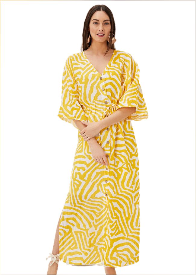  Dena Linen Zebra Print Maxi Dress Yellow/White 221146568