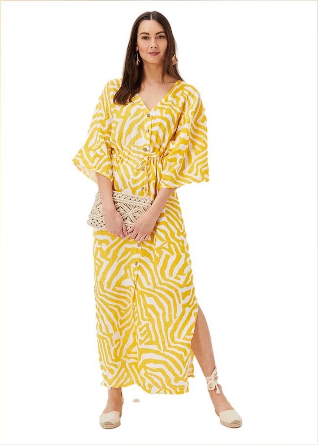  Dena Linen Zebra Print Maxi Dress Yellow/White 221146568