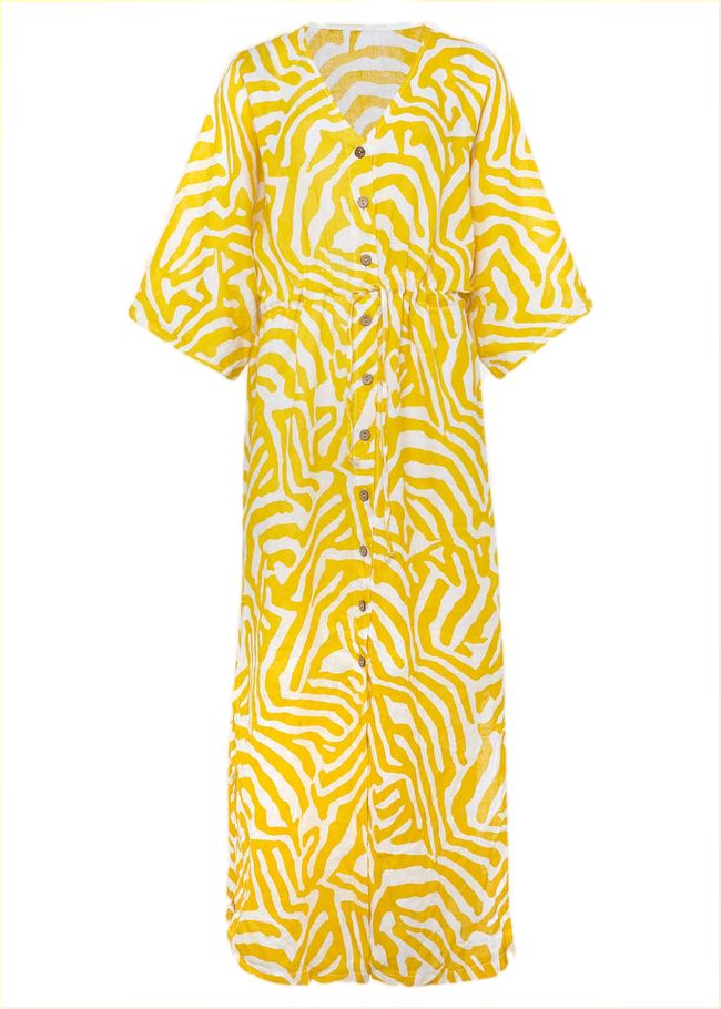  Dena Linen Zebra Print Maxi Dress Yellow/White 221146568