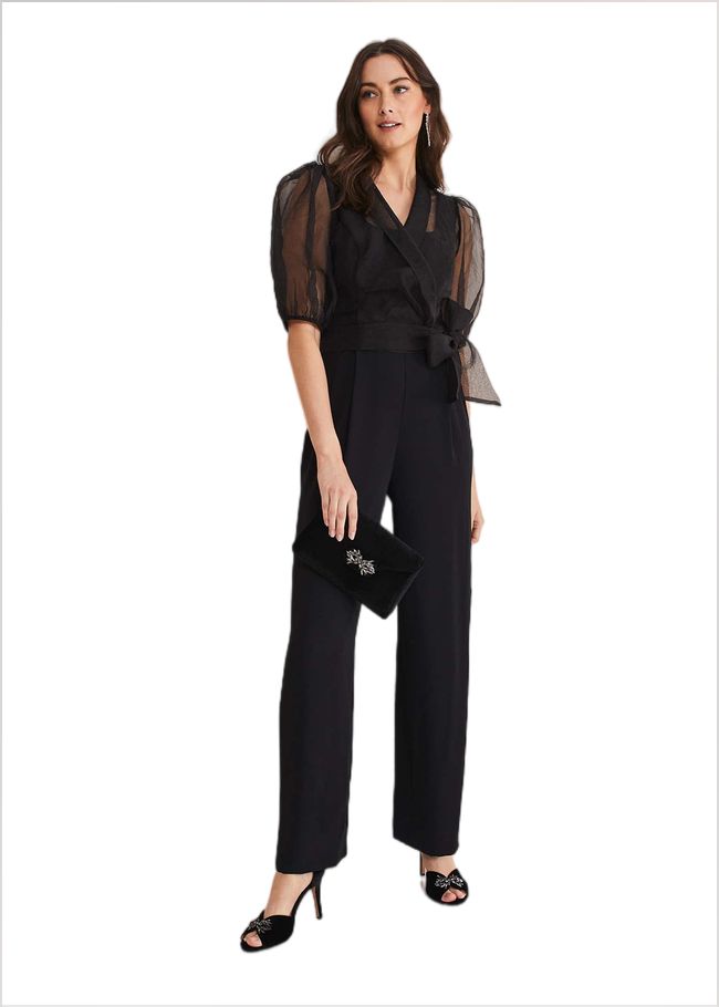  Brontie Puff Sleeve Wide Leg Jumpsuit Black 221170050