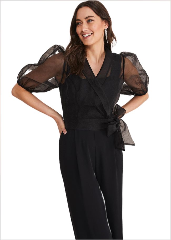  Brontie Puff Sleeve Wide Leg Jumpsuit Black 221170050