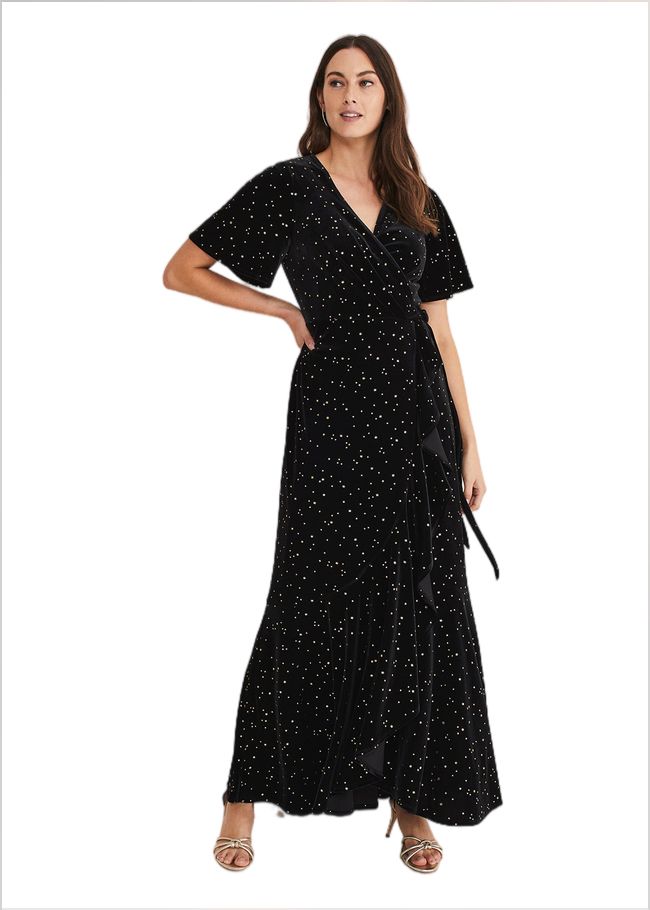  Holly Velvet Star Wrap Maxi Dress Black 221225050