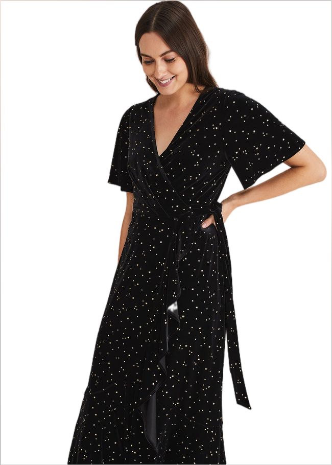  Holly Velvet Star Wrap Maxi Dress Black 221225050