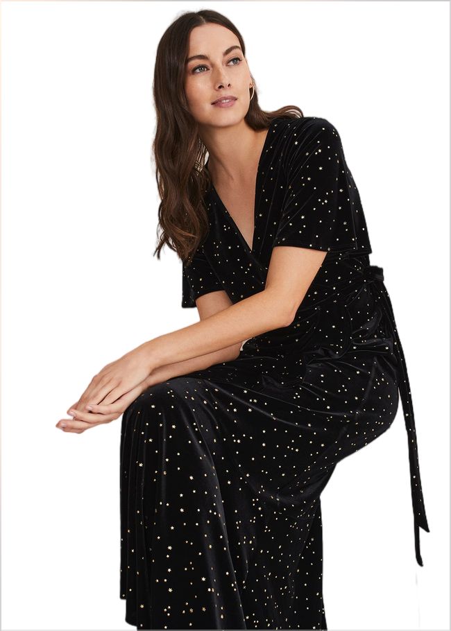  Holly Velvet Star Wrap Maxi Dress Black 221225050