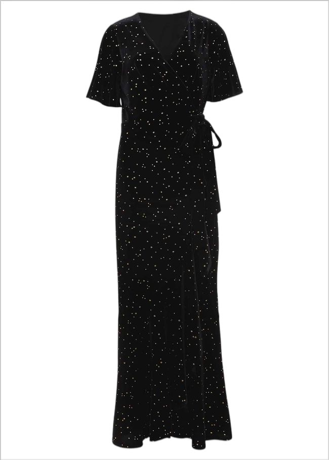  Holly Velvet Star Wrap Maxi Dress Black 221225050