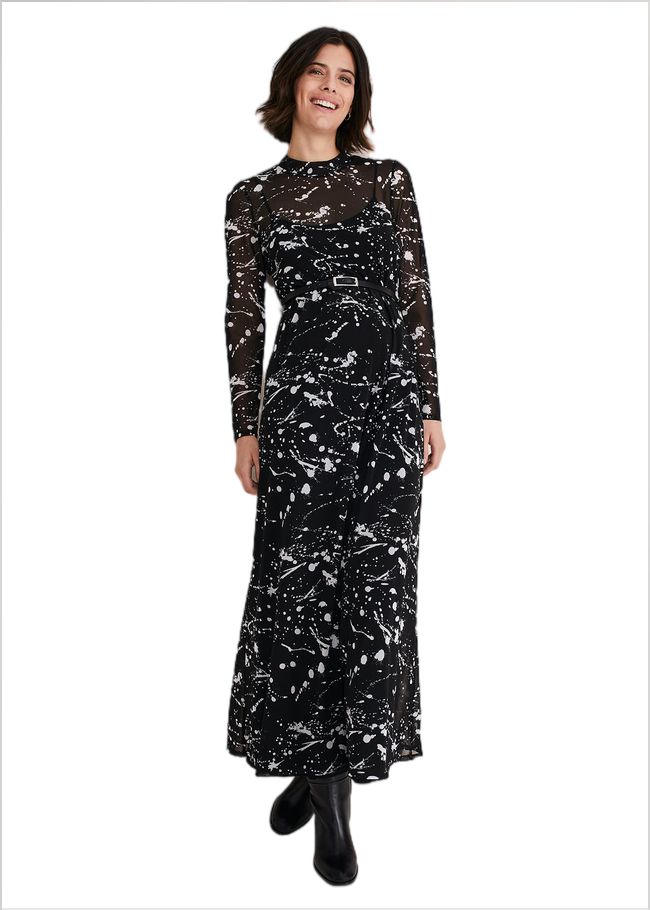  Elianna Splatter Long Sleeved Dress Black/Ivory 221234230