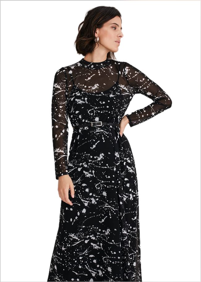  Elianna Splatter Long Sleeved Dress Black/Ivory 221234230