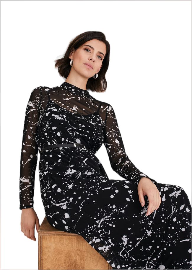  Elianna Splatter Long Sleeved Dress Black/Ivory 221234230