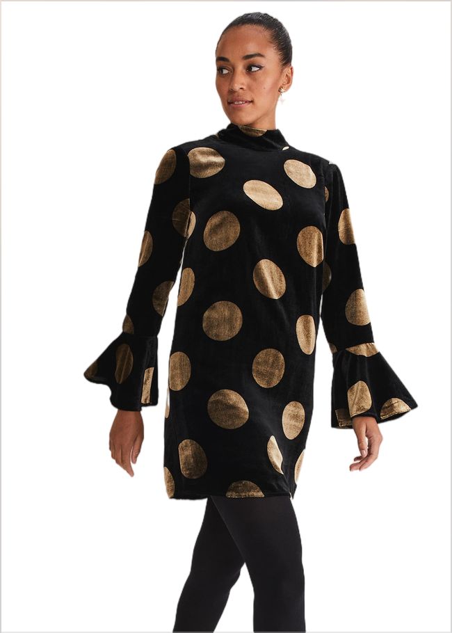  Aylin Spot Bell Sleeve Dress Black/Gold 221251029