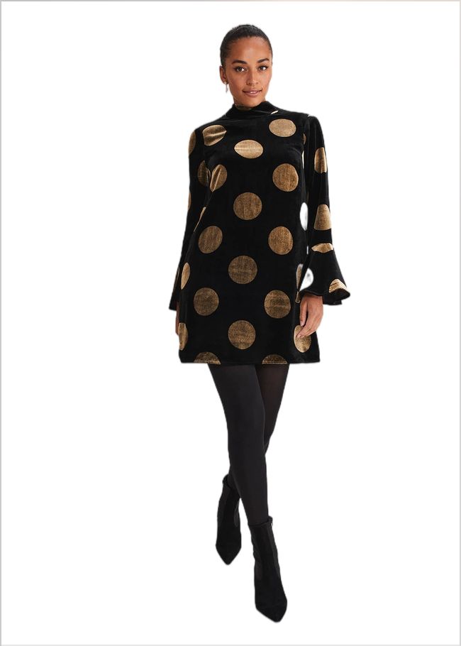  Aylin Spot Bell Sleeve Dress Black/Gold 221251029