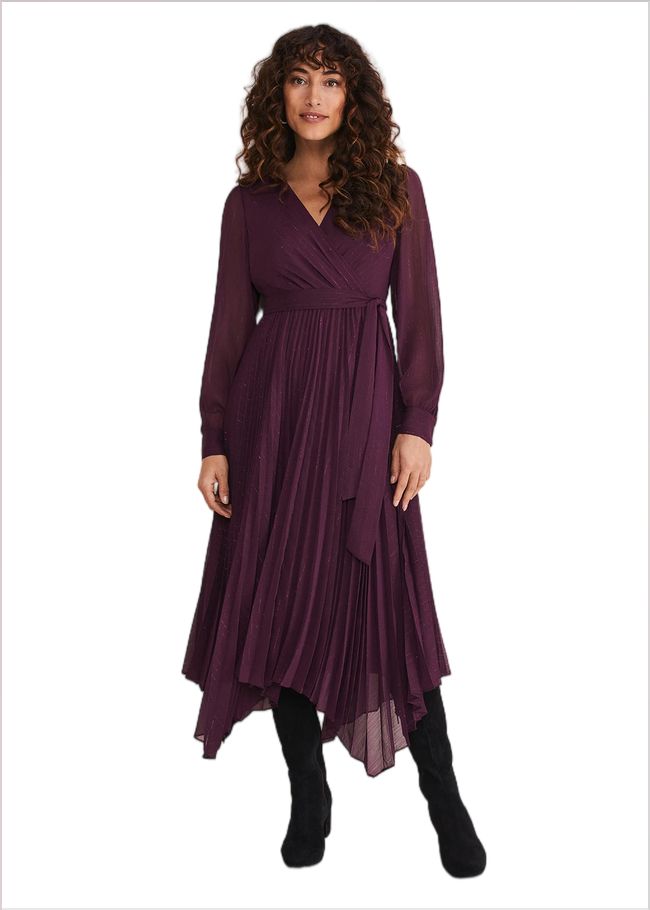  Dani Pleated Belted Midi Dress Plum 221259603