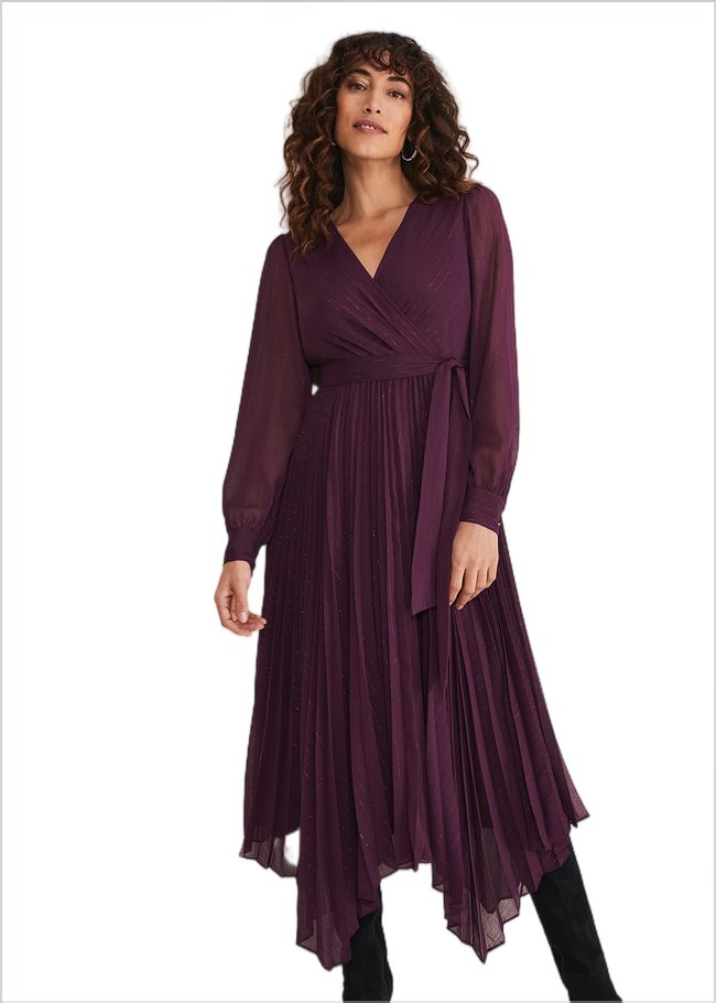  Dani Pleated Belted Midi Dress Plum 221259603