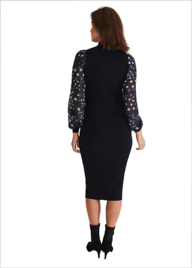  Elmina Woven Sleeve Star Knit Dress Navy 221274351