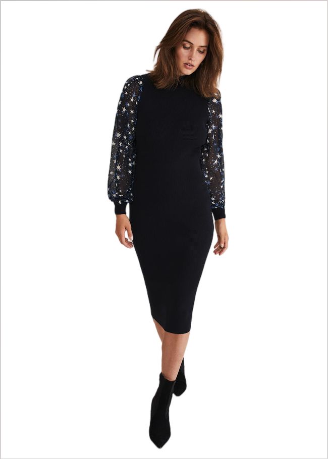  Elmina Woven Sleeve Star Knit Dress Navy 221274351