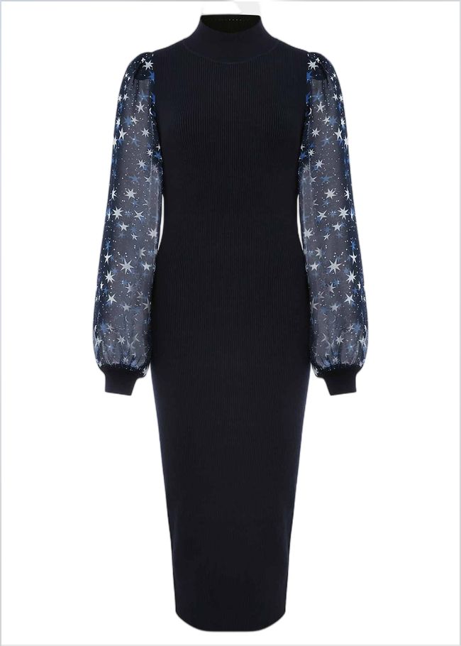  Elmina Woven Sleeve Star Knit Dress Navy 221274351