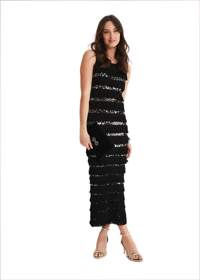  Sofianne Fringe Maxi Dress Black/Pewter 221283763