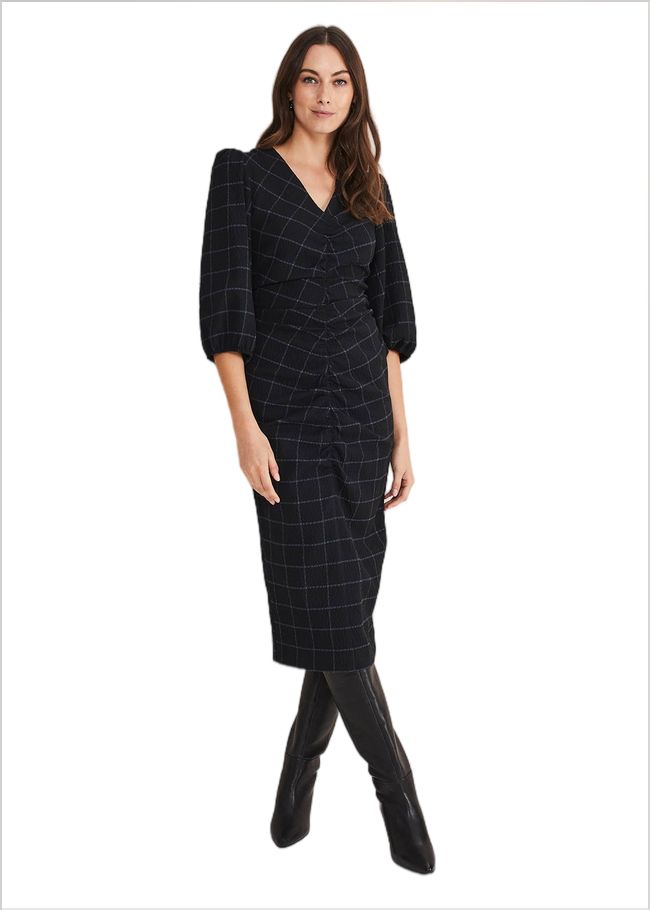  Addison Check Ruched Dress Black/Blue 221284015