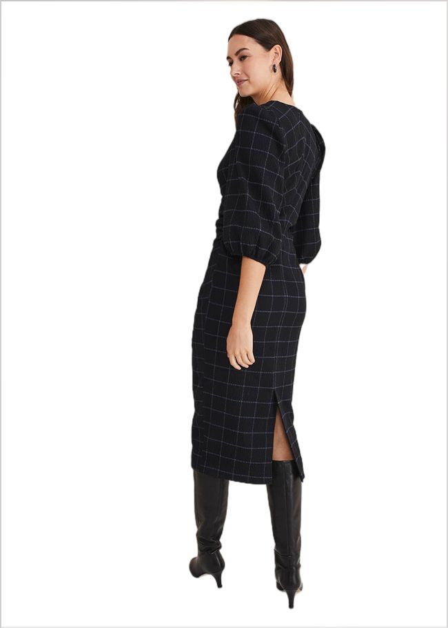  Addison Check Ruched Dress Black/Blue 221284015