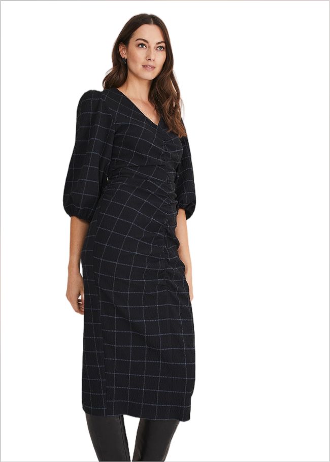  Addison Check Ruched Dress Black/Blue 221284015