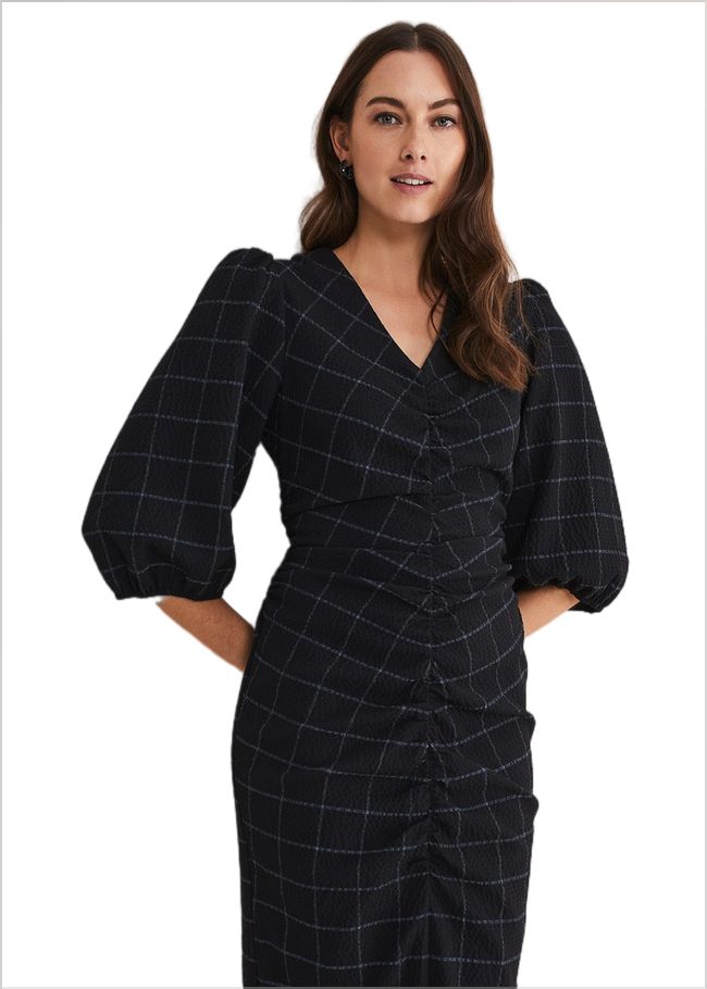  Addison Check Ruched Dress Black/Blue 221284015