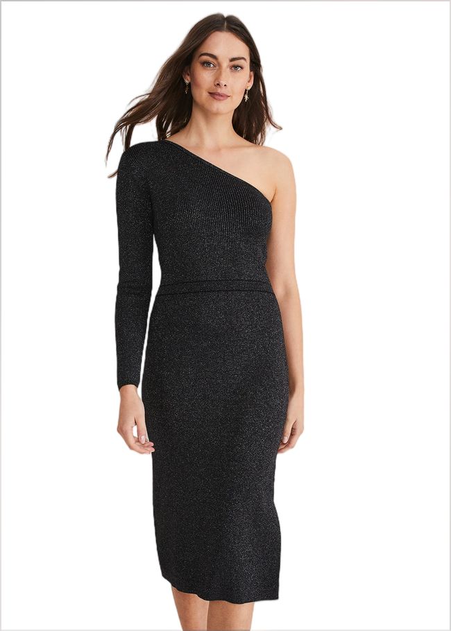  Zemira One Shoulder Lurex Knitted Dress Black/Gunmetal 221297497