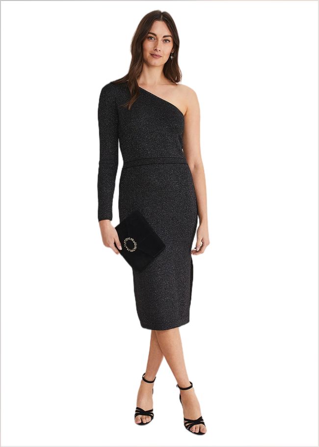  Zemira One Shoulder Lurex Knitted Dress Black/Gunmetal 221297497