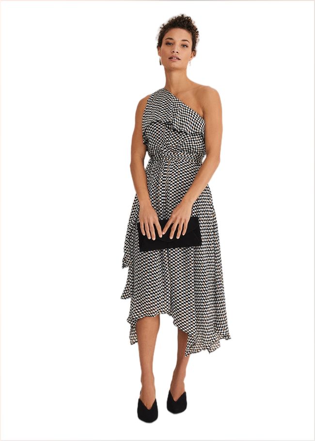  Kaz Checked One Shoulder Midi Dress Black/White 221348725