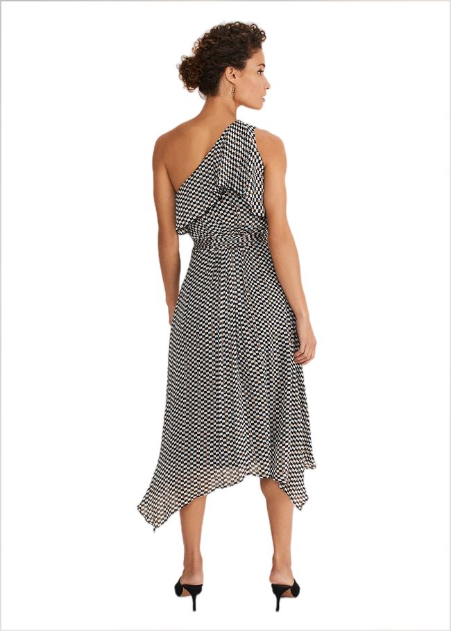  Kaz Checked One Shoulder Midi Dress Black/White 221348725