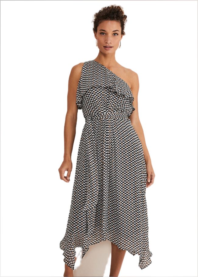  Kaz Checked One Shoulder Midi Dress Black/White 221348725