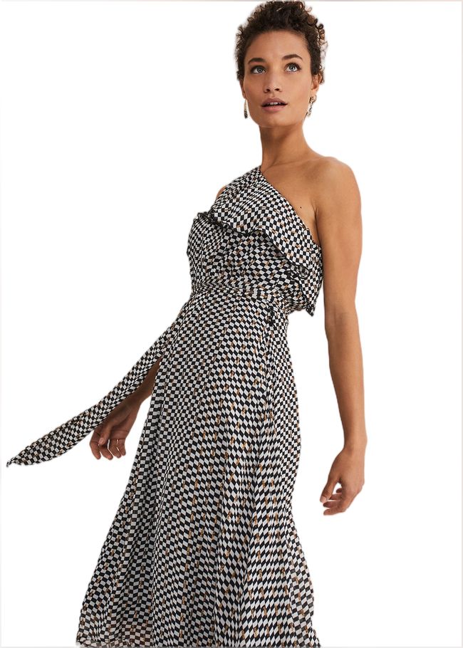  Kaz Checked One Shoulder Midi Dress Black/White 221348725