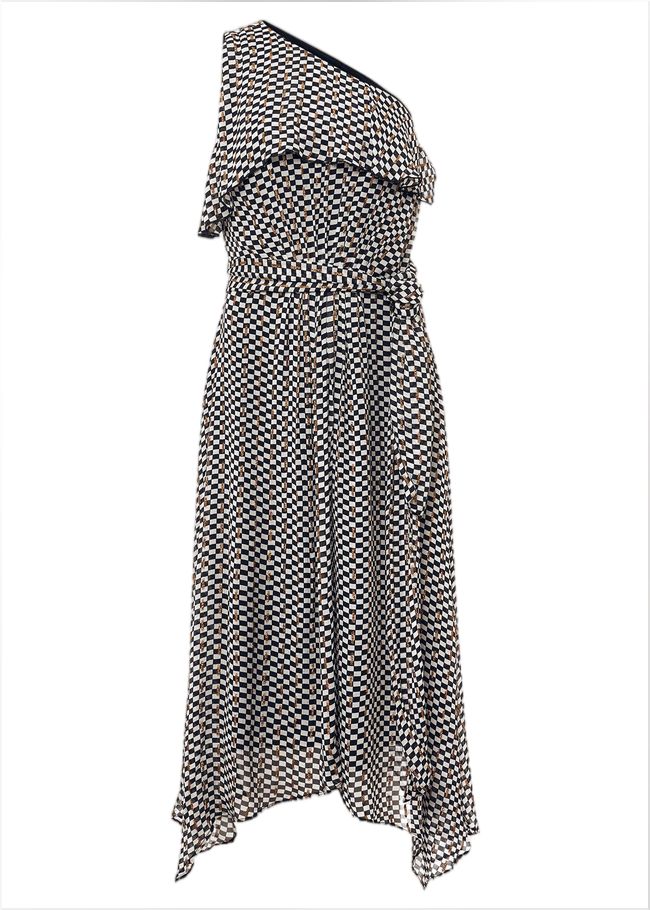  Kaz Checked One Shoulder Midi Dress Black/White 221348725