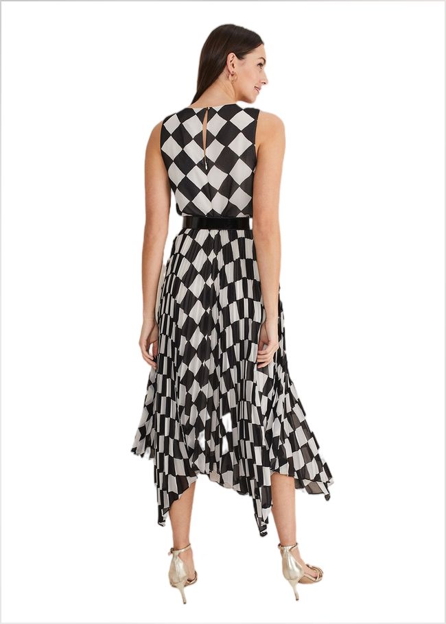  Laurel Checked Pleated Midi Dress Black/White 221355725