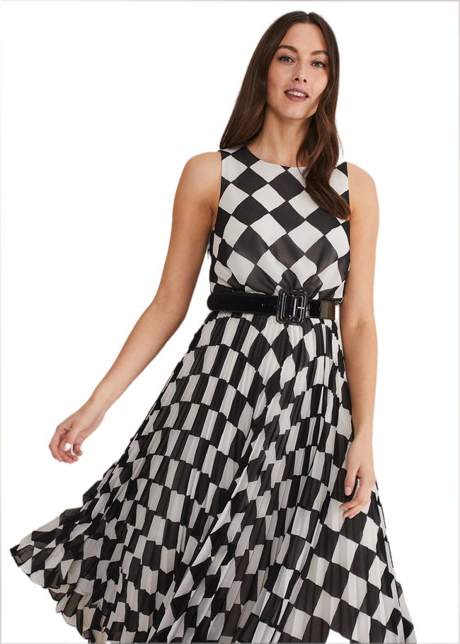  Laurel Checked Pleated Midi Dress Black/White 221355725