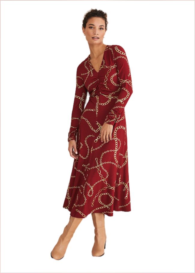  Cheska Chain Print Ruched Midi Dress Dark Red 221396917