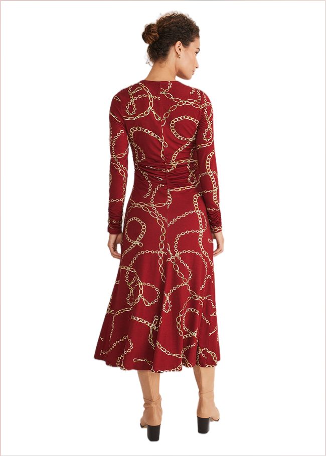  Cheska Chain Print Ruched Midi Dress Dark Red 221396917