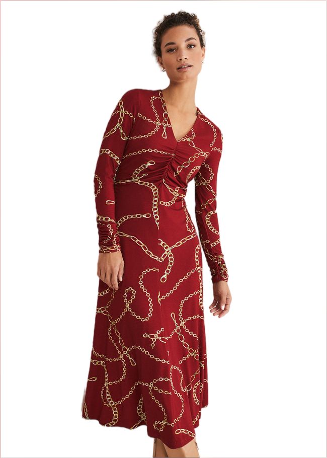  Cheska Chain Print Ruched Midi Dress Dark Red 221396917