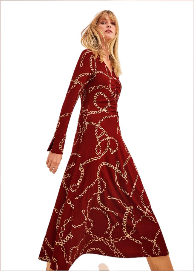  Cheska Chain Print Ruched Midi Dress Dark Red 221396917