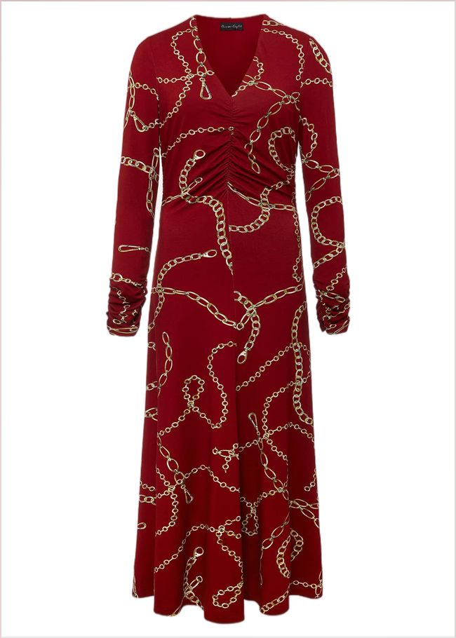  Cheska Chain Print Ruched Midi Dress Dark Red 221396917