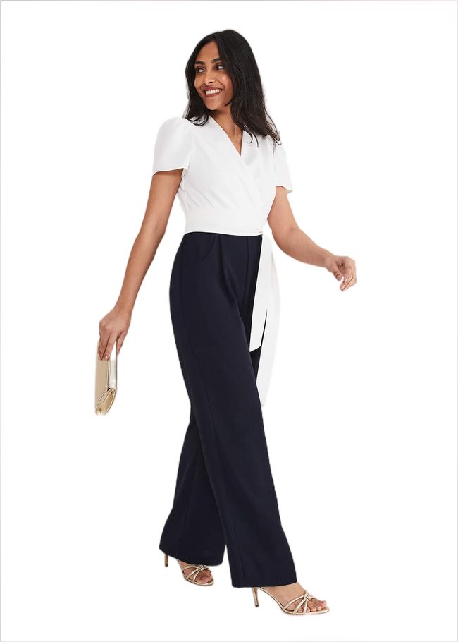  Petite Eloise Wide Leg Jumpsuit Ivory/Navy 221399398